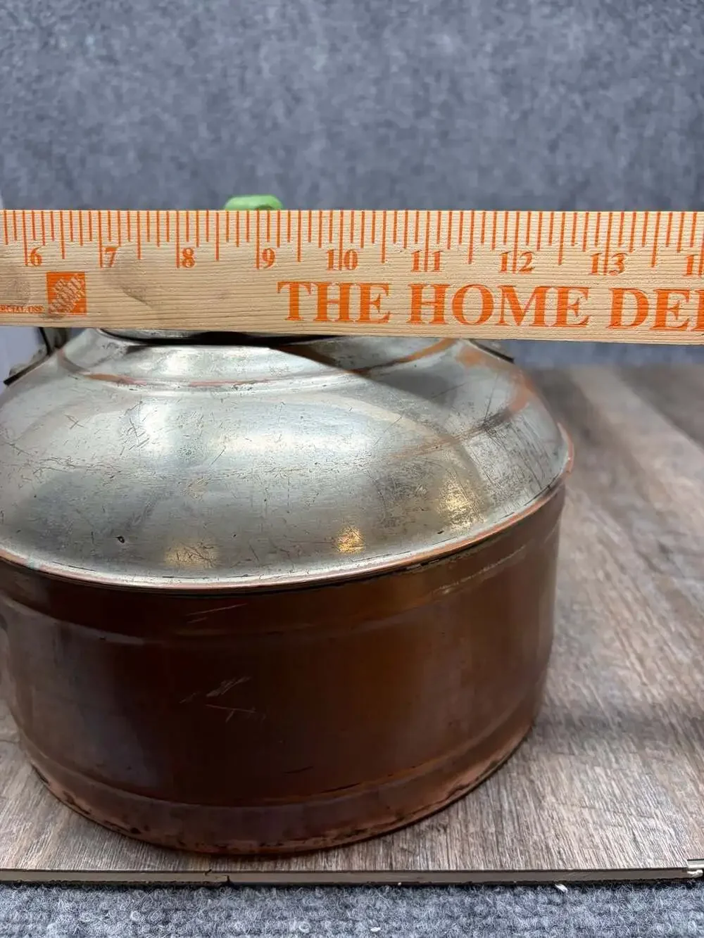 Antique Rome Copper and Nickel Plated Tea Kettle with Green Knob and Wood Handle